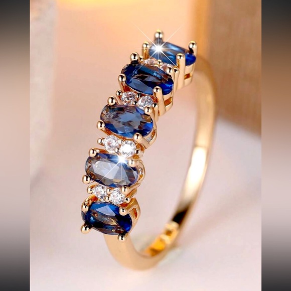 SALE 18k Stamped Gold Filled Sapphire Blue Topaz Crystal Ring (Size 7) - Picture 1 of 5